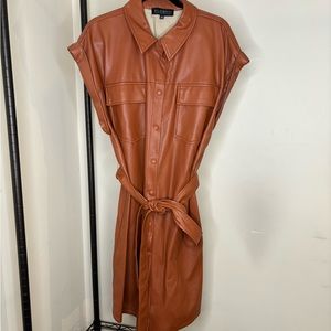 Eloquii brown faux leather belted shirt dress